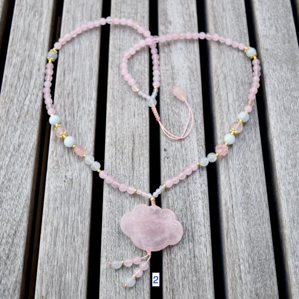 Rose Quartz Peony Necklace - Aquamarine Quartz Beaded
